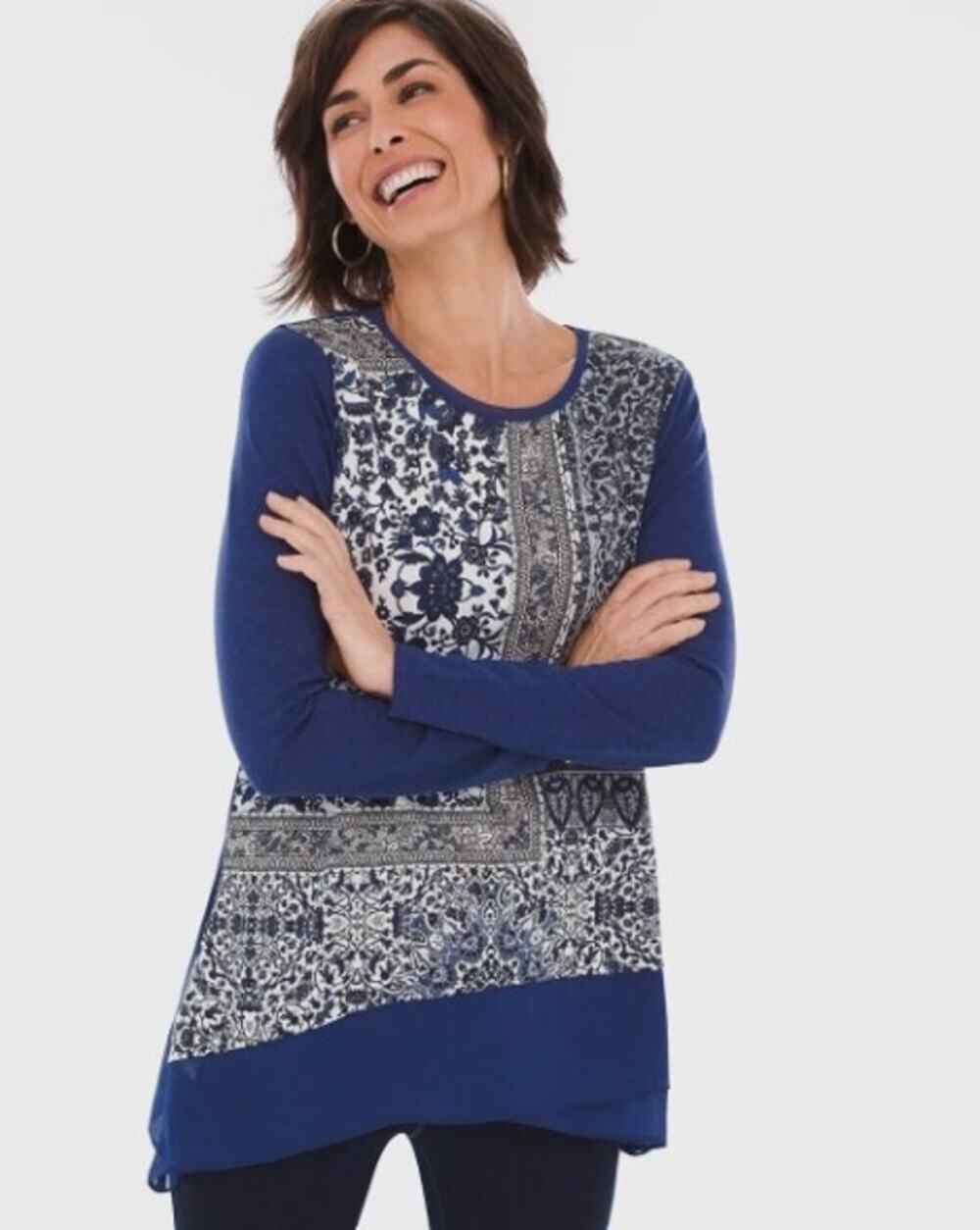 Chicos Womens Cool Patchwork Knit Tunic Top Size 3 US XL Chiffon Hem Long Sleeve